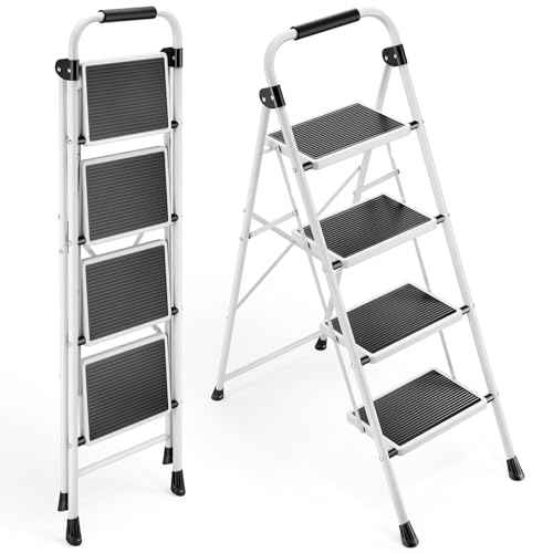 KINGRACK 4 Step Ladder, Folding Step Stool with Anti-Slip and Wide Pedal, Lightweight Stepladder with Handrails, Portable for Kitchen, Household, White