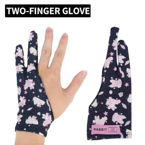 Artist Drawing Glove, Two-Finger Digital Art Glove for Drawing Tablet/Pen Display/Monitor Cute Rabbit Print Universal for Right and Left Hand, M Blackpink Color