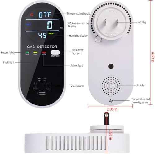 Natural Gas Detector, 3 in 1 Plug-in Propane Gas Detector(Gas, Temperature and Humidity Display), Combustible Gas Detector for Home & RV Gas Leak Detector for LNG, LPG, Methane