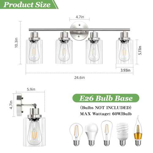 4-Light Nickel Bathroom Light Fixtures, E26 Modern Vanity Lights for Bathroom with Clear Glass Shade, Wall Lamps for Mirror Hallway Kitchen Cabinet Living Room Sconces Lights