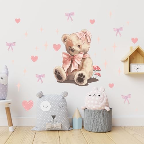 Cute Teddy Bear Doll Wall Stickers for Nursery Pink Wall Decals for Kid Girl Baby Removable Peel and Stick Wall Art Home Decor Decoration for Preschool Living Room Bedroom