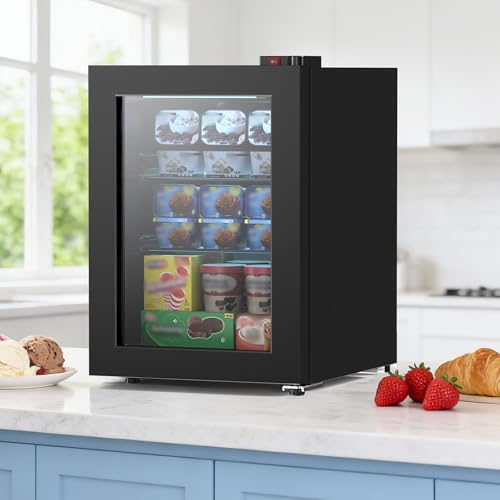 Electactic Mini Freezer, 2.2 Cu.ft Compact Upright Freezer with Glass Door Display, 7 Temperature Settings, -10°F to -18°F Deep Freezing, Quiet Freezer for Home Use, Black