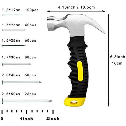 376pcs Hardware Nails Assortment Kit with 8oz Small Claw Hammer, Mini Hammer with Anti-Slip Handle, Maximum Length 2 Inches, Finishing Nails for Hanging Pictures, Household & DIY