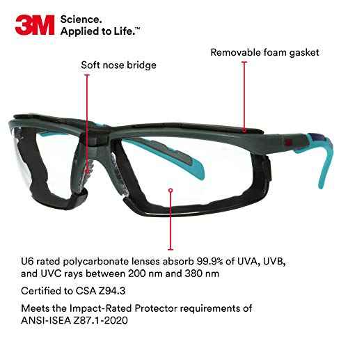 3M Safety Glasses, Solus 2000 Series, ANSI Z87, Scotchgard Anti-Fog Anti-Scratch, Clear Lens, Gray/Teal Frame, Removable Foam Gasket, Pack of 1