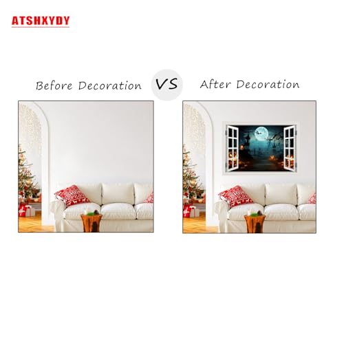 Fake Window Wall Decals Halloween Pumpkin Castle Bat Night View Terror Mural Faux Window Sticker Poster Open Wall Art Picture£¬ for Room Office Decor Stick and Peel Natural Scenery Scene 16¡°x24¡±