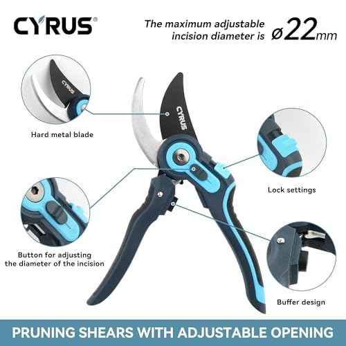CYRUS Pruning Shears, Garden Shears Sk5 Steel Blades, 2-Stage Adjustable Diameter Pruning Shears12-22 mm, Rose Shears, Professional Bypass Shears, Plant Garden Tools, Hedge Clippers, Pruning Shears