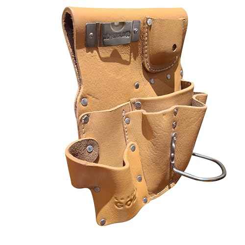 Genuine Leather Drywall Tool Pouch 3505R-TAN 8 Pocket Heavy Duty Top Grain Leather Drywall Pouch with Steel Hammer Loop & Tape Measure Clip - Fits Belts up to 2.5'