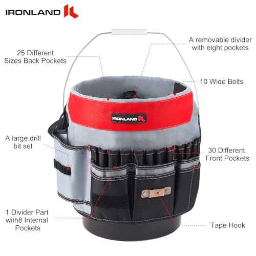 IRONLAND Bucket Tool Organizer Fit 3.5-5 Gallon Bucket, 64 Pockets, Bucket Tool Caddy Organization for Garden, Construction, Carpenter, Electrician, Builder red