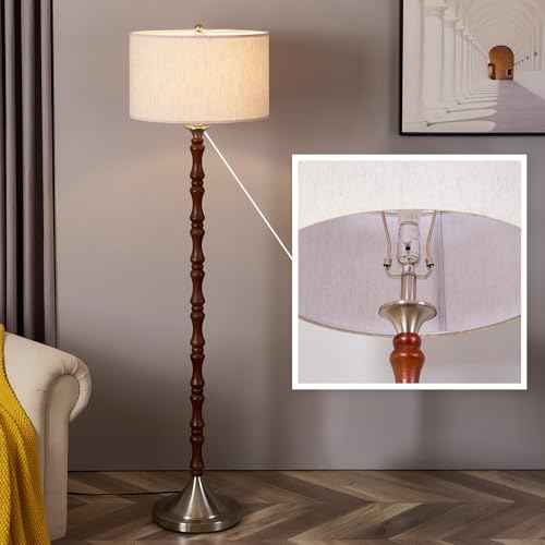 LED Floor Lamp, Mid Century Lamp with Drum Shade, Great Living Room D?cor, Rustic Retro Tall Lamp, Modern Standing Lamp for Bedroom and Office, Adjustable Lighting, Walnut Wood Finish