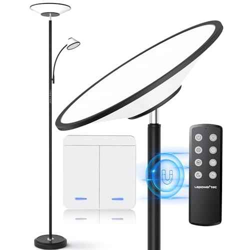LEPOWER-TEC Bright Floor Lamp, Standing Lamp with Remote & Wall Switch, 60 Lighting Effects, Adjustable Torchiere Corner Light for Living Room, Bedroom, Office. Perfect for Reading & Ambiance