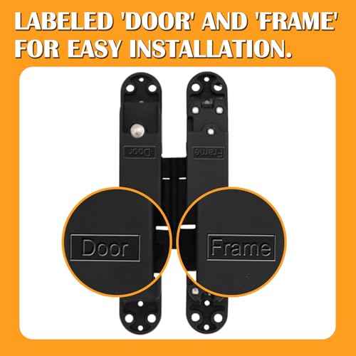 HBL' 2 Pack Hidden Door Hinges, 6 Inch Black Heavy Duty Hidden Hinges for Secret Doors, 3-Way Adjustable to Bulid Conceal Bookcase Door