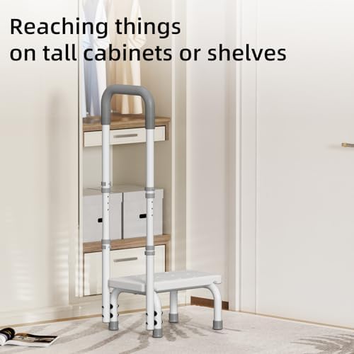 Height Adjustable Step Stool with Handle and Non-Skid Platform, Lightweight & Sturdy Standing Aid Support for Elderly, Seniors, Ideal for Bedside, Bathtub & Car Use, Holds up to 440 lbs (White)