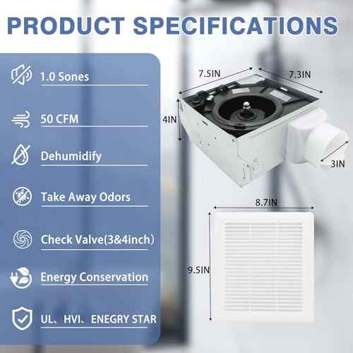 Quiet Bathroom Ceiling Fan,Certified by UL,50 CFM, 1.0 Sones, 4-inch & 3-inch Duct, White, 115V Vent Fan for Bathroom/Shower/Office/Home