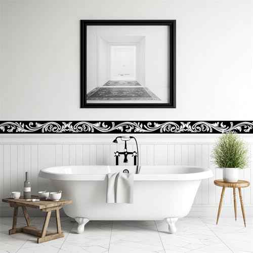 Black Floral Molding Wall Border Stickers, sacinora Skirting Wall Waist Line Decal Removable Vinyl Peel and Stick Bathroom Bedroom Kitchen Living Room Door Trimming Mirror Frame Frill Home Decorations