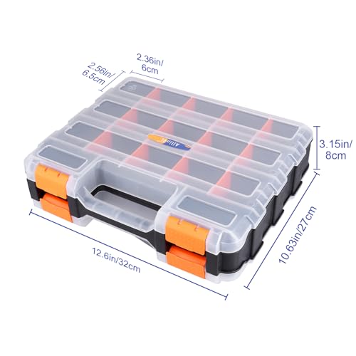 Small Parts Organizer Double Sided Parts Organizer with Removable Dividers 34-Compartments Storage Bins for Hardware, Screws, Nuts, Bolts, Washers, Nails, Fasteners, Tools