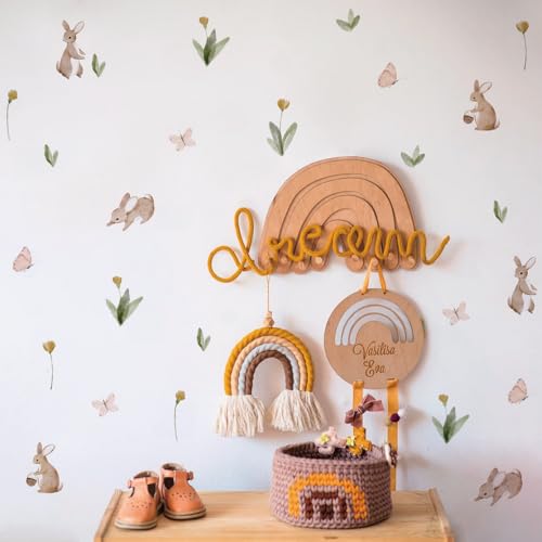 Summertime Watercolor Cute Bunnies and Flowers Nursery Wall Decal, Peel and Stick Reusable and Removable Kids Wall Stickers