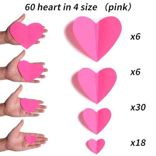 60 Pcs Valentines-Day-Wall-Decorations, 3D Heart Valentine Wall Stickers, Waterproof Wall Decals, for Wedding Anniversary Party Bedroom Home Office School Decor, 4 Different Sizes Pink