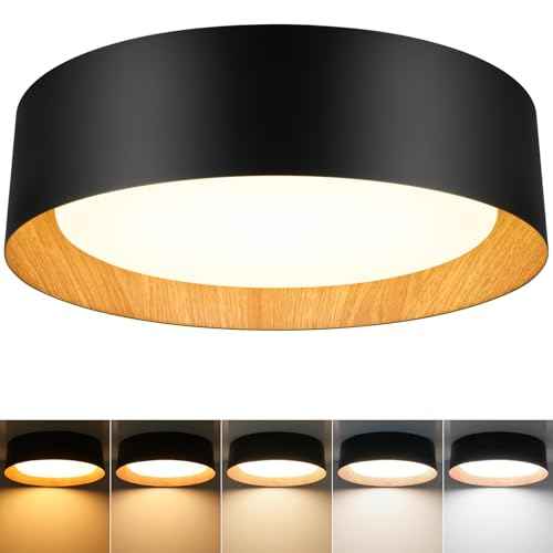 BrightHome Flush Mount Ceiling Light, 13in 2600LM 25W(300W Equiv), LED Ceiling Light Fixture 5CCT 2700K 3000K 4000K 5000K 6000K, Dimmable Ceiling Lamp for Bedroom Bathroom Hallway, Black and Wood