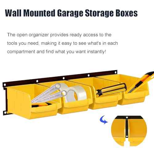 Garage Storage Rack with 8 Bin Wall Mounted Parts Storage Bin 2 Rails Hardware Organizers for Workshop Garage Shop (Yellow)