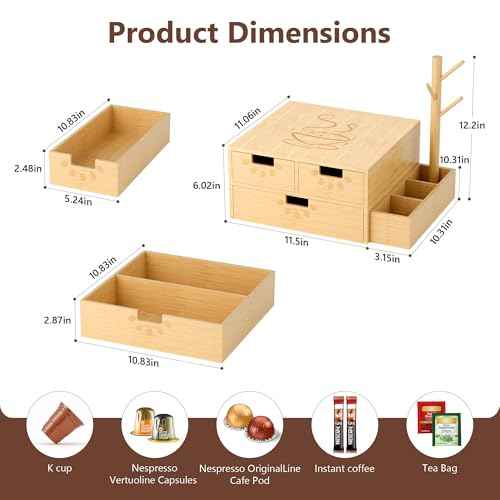 Coffee Pod Drawer, Wooden K Cup Holder with Tree Shape Mug Holder and Side Storage Box, 2-Tier K Pod Drawer Coffee Maker Machine Stand(80 Kcups+60 Tea Bags Capacity)