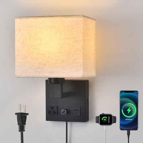 Bedside Wall Lamp for Bedroom, Plug in Wall Sconce - Dimmable Switch with AC Outlet & USB Charging Port, Fabric Shade, Black Wall Mounted Light for Living Room, Hotel