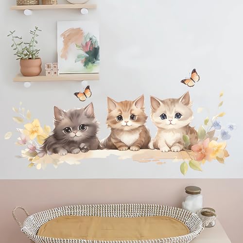 Cozy Kittens Wall Stickers, sacinora Cute Cartoon Cat Butterfly Art Wall Decals Removable Vinyl Peel and Stick for Baby Boy Girl Nursery Living Room Bedroom Toddler Room Kindergarten Home Decorations