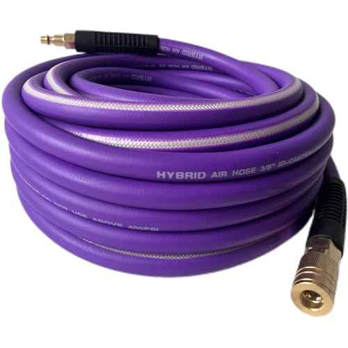Air Hose 3/8 in x 100 ft, Heavy Duty, Lightweight, Kink Resistant, Hybrid Air Compressor Hose with 1/4 in Solid Brass Male Fittings, Bend Restrictors, 400 PSI(100FT, Purple White)