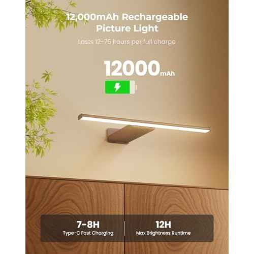 2 Pack Picture Light for Wall Rechargeable Art Light with Remote, 3 Colors & 5 Brightness Levels, 12000mAh Battery Operated Lights for Pictures,Painting,Gallery, Bedroom, Hallway, Frame, Living Room