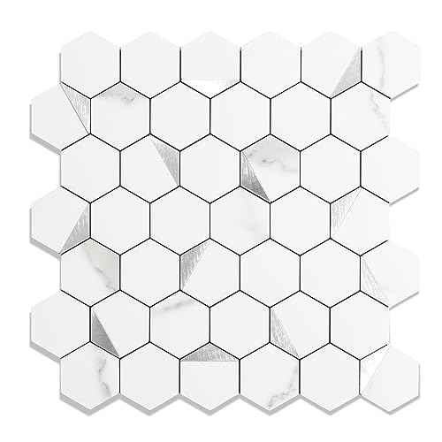 Hexagon Peel and Stick Backsplash Tile,12x12 inches Marble White Mixed Silver Metal 3D PVC Wall Tiles Stick on Backsplash for Kitchen and Bathroom Sample