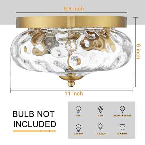 Darkaway Ceiling Light Fixtures Flush Mount Indoor Outdoor Ceiling Light with Water Ripple Glass Shade for Hallway Kitchen Bedroom Porch Living Room Gold Finish