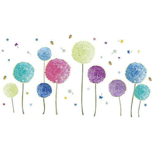 Runtoo Flower Wall Decals Colorful Dandelion Allium Wall Stickers Baseboard Butterfly Living Room Bedroom Wall Decor