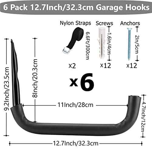 6 Pack Garage Storage Hooks Heavy Duty, 12.7Inch Wall Mount Storage Utility Hanger