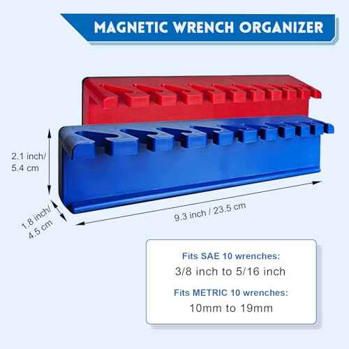 Magnetic Wrench Organizer, 2 PCS Tools Wall Mount Wrench Holder for 20 SAE and Metric Wrenches (Red & Blue(2PC), Wall Mount Wrench Organizer)