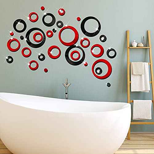 Outus 72 Piece Acrylic Circle Mirror Removable Round Dots Mirror Wall Decals Murals for Home Living Room Bedroom Decor (Red, Black)