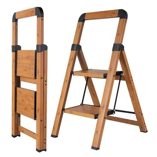 Step Ladders Folding 2-Step Woodgrain Finish Aluminum Foldable Step Stool,Anti-Slip Portable Sturdy for Home & Kitchen Office 330 lbs