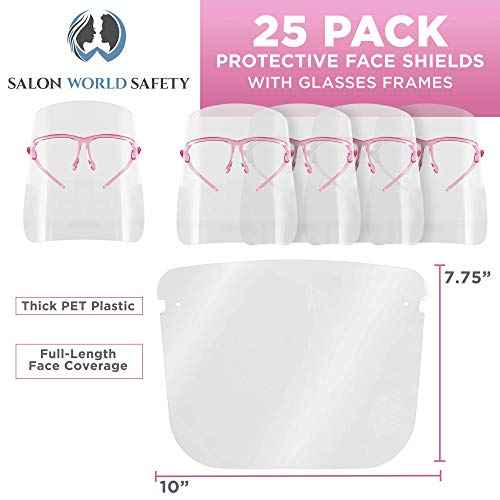 TCP Global Salon World Safety Face Shields with Pink Glasses Frames (Pack of 25) - Ultra Clear Protective Full Face Shields to Protect Eyes, Nose, Mouth - Anti-Fog PET Plastic, Goggles