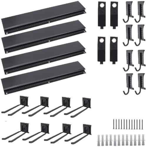 Heavy Duty Wall Mount Tool Organizer Rack, 48" Garage Storage Shelf w/Adjustable 16 Metal Hooks, 440lbs Capacity - Hanging Rake, Broom, Mop, Shovel, Snowboard, Yard Tools, Ideal Men's Gift