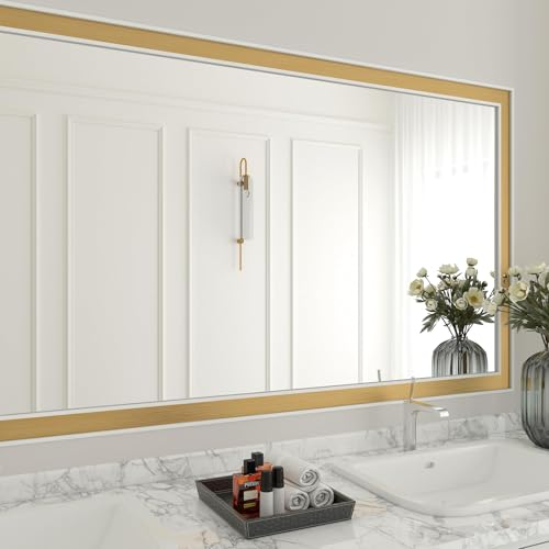 3x236 Inch Metallic Wallpaper Border Peel and Stick Gold Metallic Wallpaper Border Self Adhesive Brushed Wall Trim Gold Mirror Frame Sticker Stainless Mirror Frame for Bathroom Waterproof