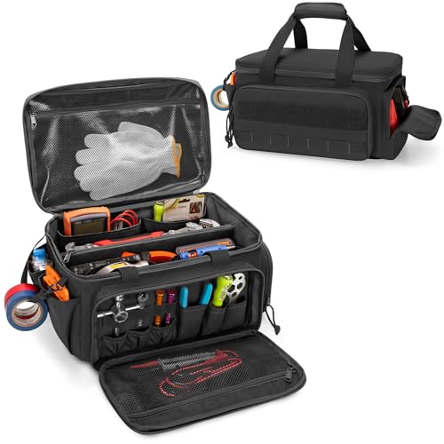 14-Inch Tool Bag with Anti-friction Bottom, Hand Tool Storage Organizer for Men, Tactical Range Bag, Multi-purpose Work Tote for Repairman, Carpenters, Handyman, Black