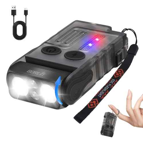 BORUIT V20 Small Powerful Pocket Flashlight,180¡ÆHead Swivels with Cob Side Light and Atmosphere Lamp Cap,Ip67 USB C Rechargeable Flashlight with Clip,Lanyard and Keychain,Magnetic Buzzer-13 Modes