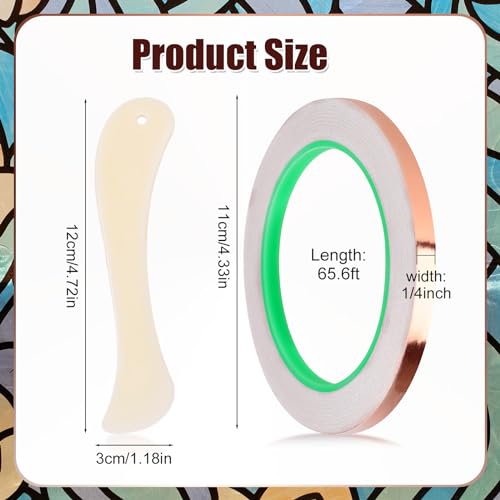 2pcs Copper Foil Tape Kit for Stained Glass, 1/4"x65.6 Feet Double-Sided Adhesive Conductive Tape with Plastic Scraper Supplies for EMI Shielding Electrical Repair Guitar Muffling