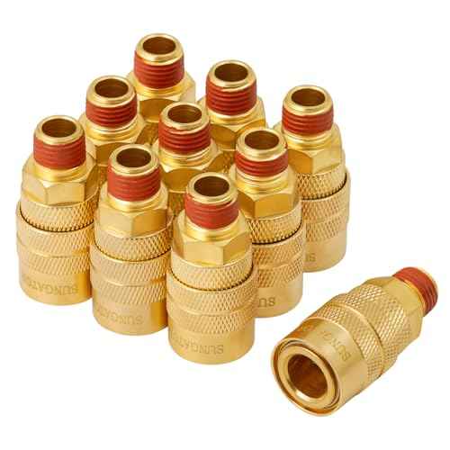SUNGATOR 1/4'' Air Hose Fittings, 10-Pack Brass 1/4 Inch NTP Male Industrial Couplers, 1/4'' Air Line Quick Connect Fittings, Compressor Hose Repair Accessories Kit, 1/4'' Male NTP Couplers