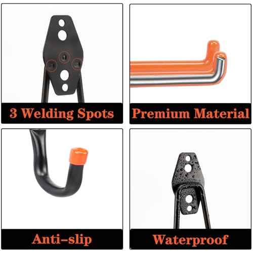 TocTen Garage Hooks, 14 Pack Garage Storage Hook Heavy Duty Solid Steel Wall Hooks, Wall Mount Storage Hook Kit with Anti-Slip Coating Ladder Hooks for Hanging Garden Tools Chair Hose Ropes (Orange)