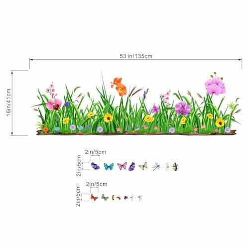 Green Grass Wall Corner Decals - Flowers Butterflies Baseboard Skirting Line Wall Stickers - Living Room Office Bedroom Sofa TV Background Home Wall Decor