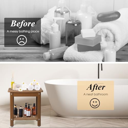 Shower Chair, HDPE Shower Bench for Inside Shower to Sit On It, Shower Stool with Storage Shelf 2-Tier Spa Stool for Elderly,Water Resistant & Non-Slip Design Shower Seat Bench (Teak S Size)