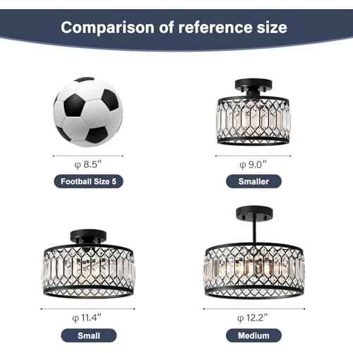 Crystal Black Ceiling Light, Modern Semi Flush Mount Ceiling Lighting Fixture, Round Hallway Lighting Fixtures for Kitchen Entryway Bedroom Laundry Room, 1-Light, 11.4 Inch