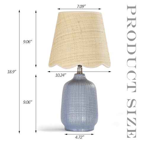 Pia Ricco 19" Modern Ceramic Table Lamp for Living Room Gray Bule Base Desk Lamps for Bedroom Farmhouse Bedside Nightstand Lamp End Table Lamps,Bule,Rattan Shade