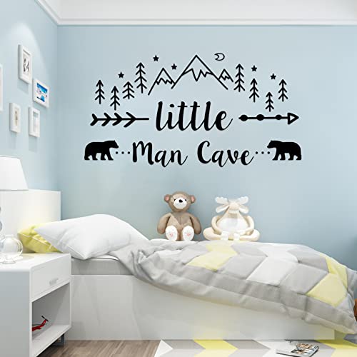 Little Man Cave Wall Decals, The Tribal Mountain Woodland Bear Wall Stickers for Bedroom, Nursery Wallpaper Easy Peel and Stick for Bedroom Living Room (Black)