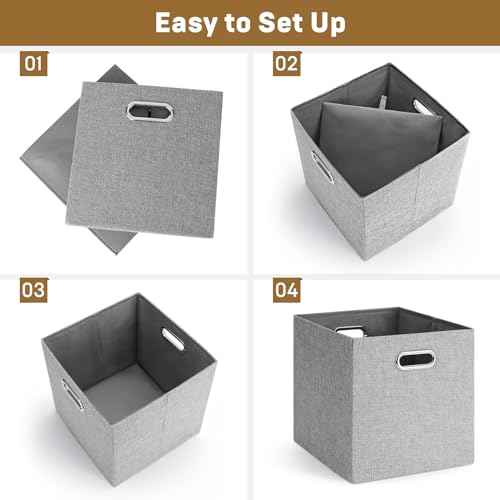 Cube Storage Bins,11 Inch Collapsible Storage Box Linen Fabric Bins with Double Handles, Storage Basket for Home, Closet, Shelves, Clothes Toy, Nursery, Decorative, 11x11, Grey, Set of 4