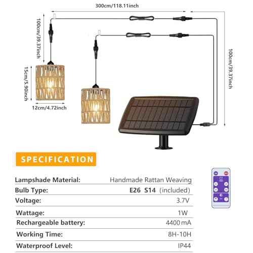 Outdoor Solar Chandelier Indoor Gazebo Lights Waterproof Pendant Hanging Light for Pergola Porch Patio Decor Boho Rattan Lampshade Farmhouse Shed USB Powered Accessories Dimmable Remote
